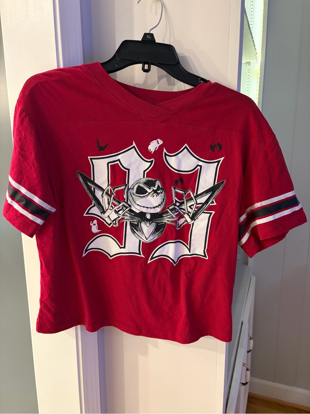 Disney Womens Red Short Sleeve Nightmare Tee with Skull & Number Motif